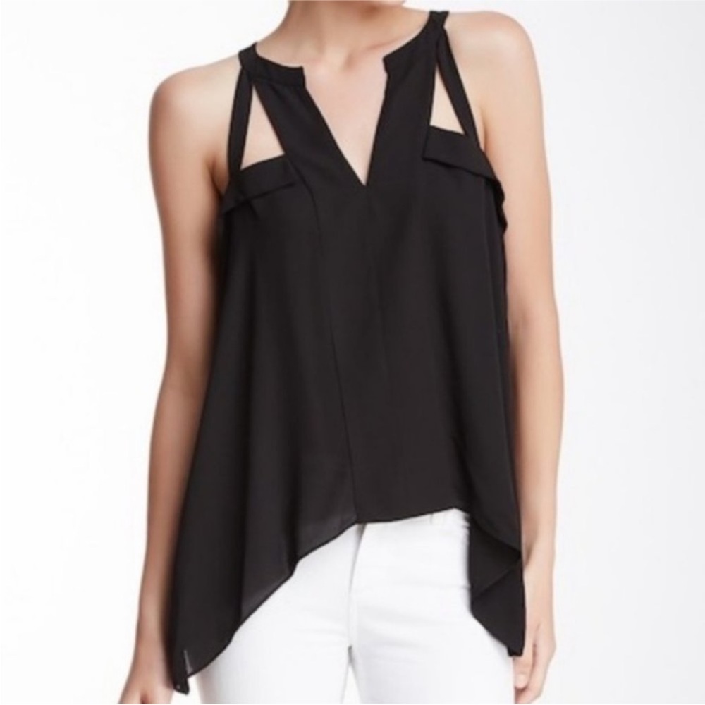 BCBGMAXAZRIA Size S silk cutout V-neck swing Black sleeveless blouse